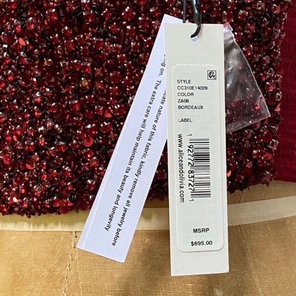 Alice + Olivia Bordeaux Red Crystal Embellished Crop Top With Smocked Ba… - Picture 16 of 16